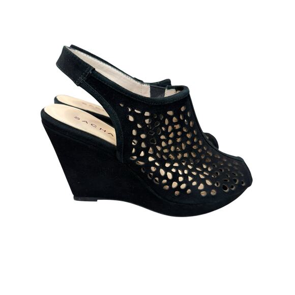 Sacha London Wedge Sandals Women 6.5 Black Laser Cut Suede Resort - Picture 1 of 8